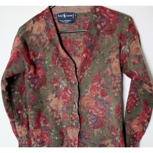 Polo Ralph Lauren 100% Lambs Wool Knit Floral Print Cardigan Womens Small